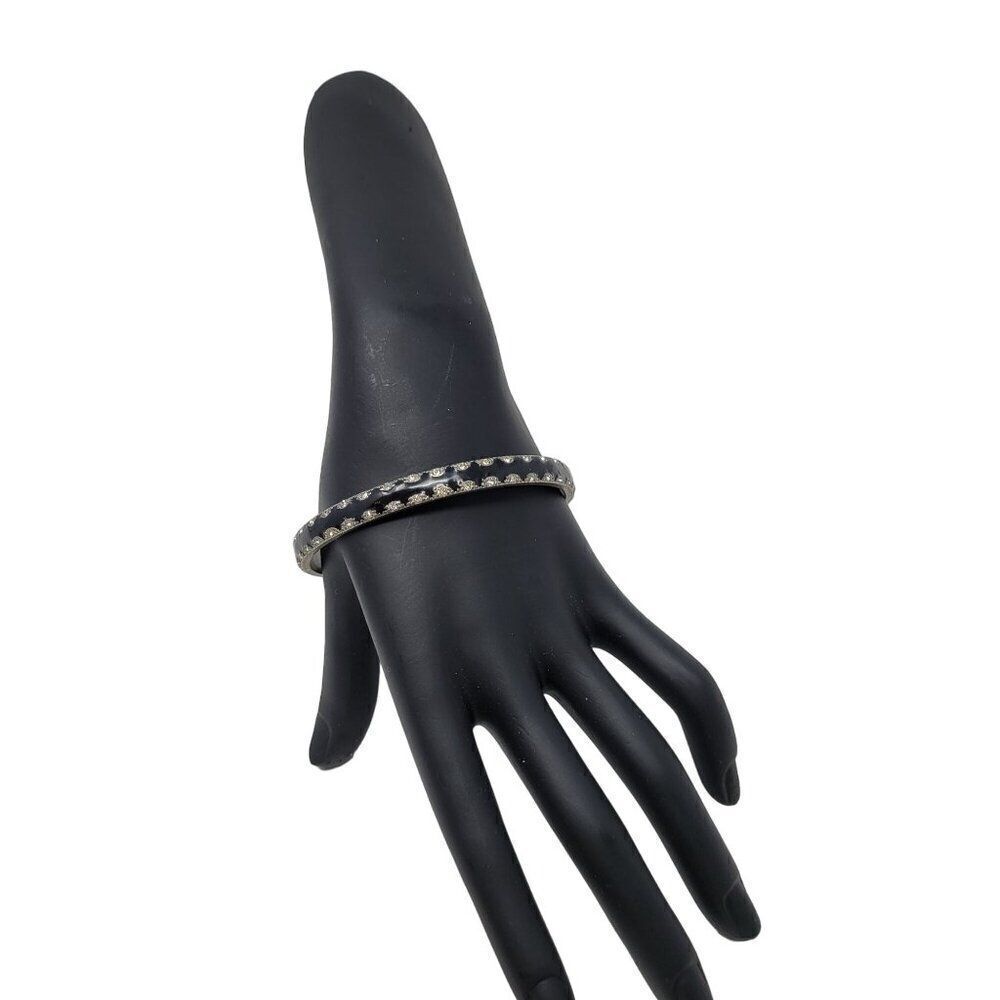 Black Enamel Skinny Metal Bangle Silver Rhinestone Trim Gift Collectible Gothic